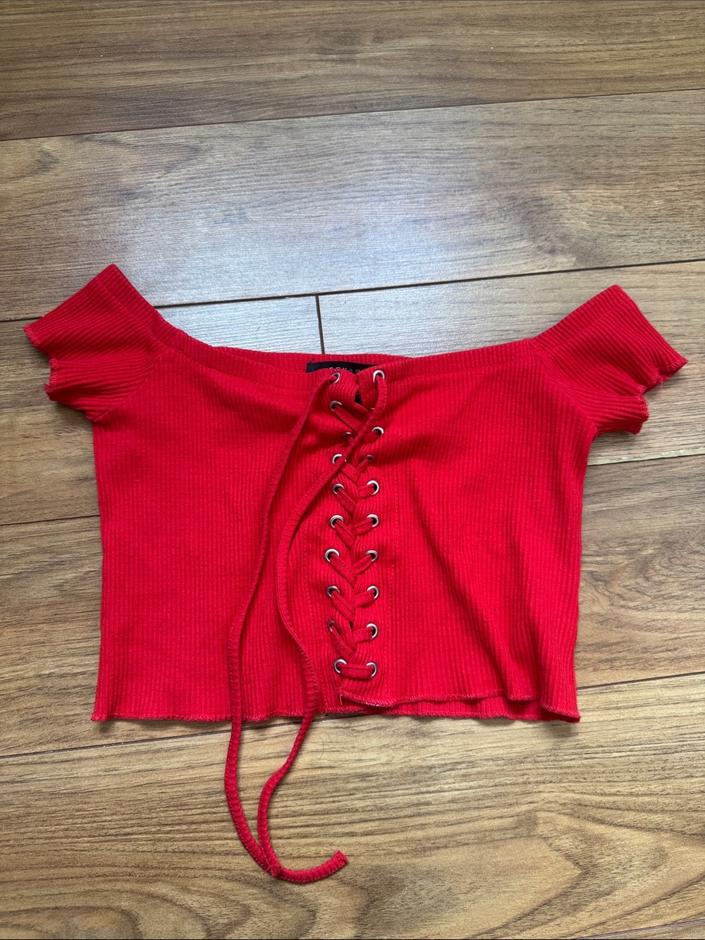 Revamped Red Ribbed Off-Shoulder Lace-Up Crop Top